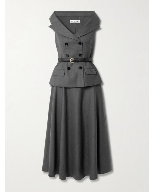 Self-Portrait Gray Belted Wool-Blend Midi Dress