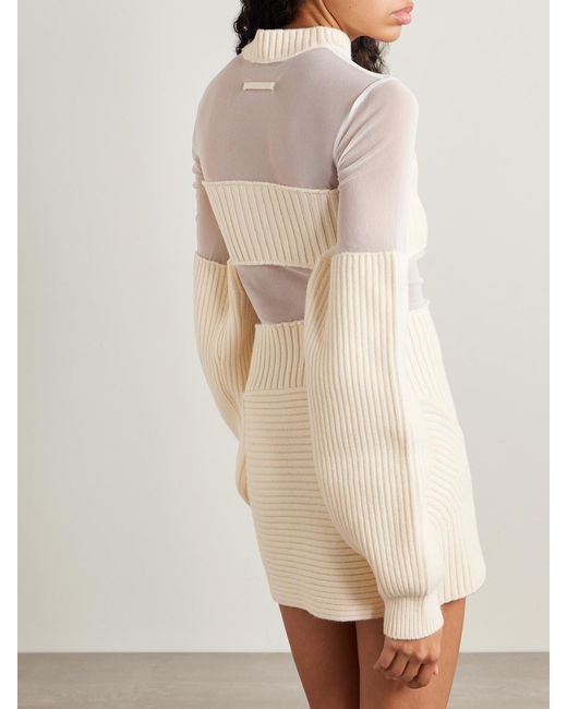 Jean Paul Gaultier Natural Paneled Ribbed Wool And Mesh Mini Dress