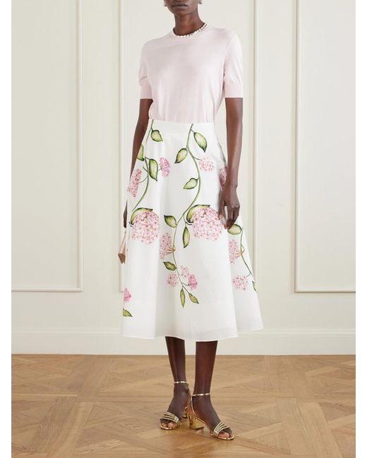 Oscar de la Renta Natural Porcelain Floral-Print Stretch Cotton-Poplin Midi Skirt