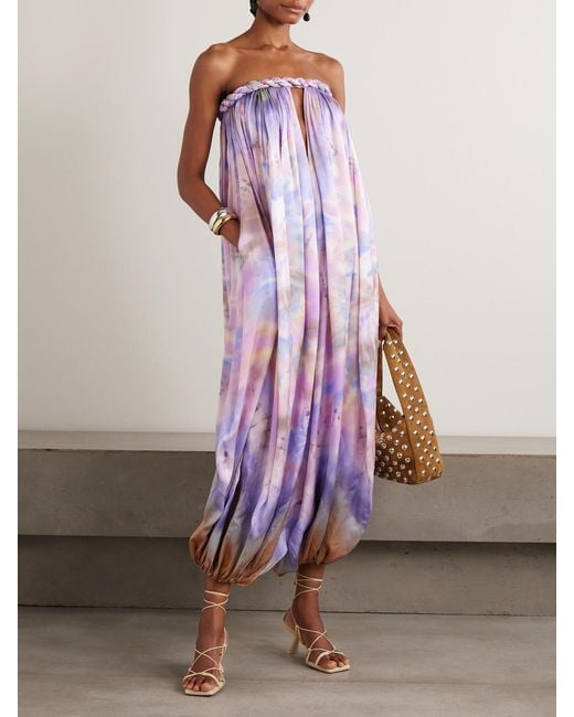 Zimmermann Purple Luna Strapless Gathered Printed Silk-Satin Jumpsuit