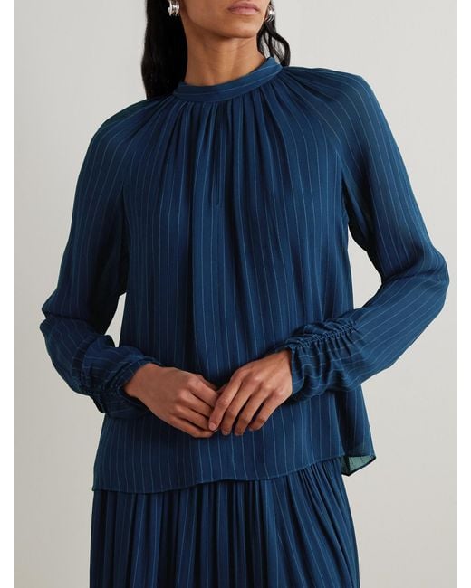 Joseph Blue Garcia Pinstriped Cutout Crepe Blouse