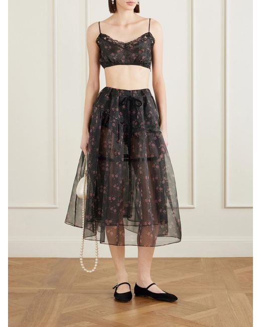 Simone Rocha Gray Cropped Lace-Trimmed Floral-Print Organza Top