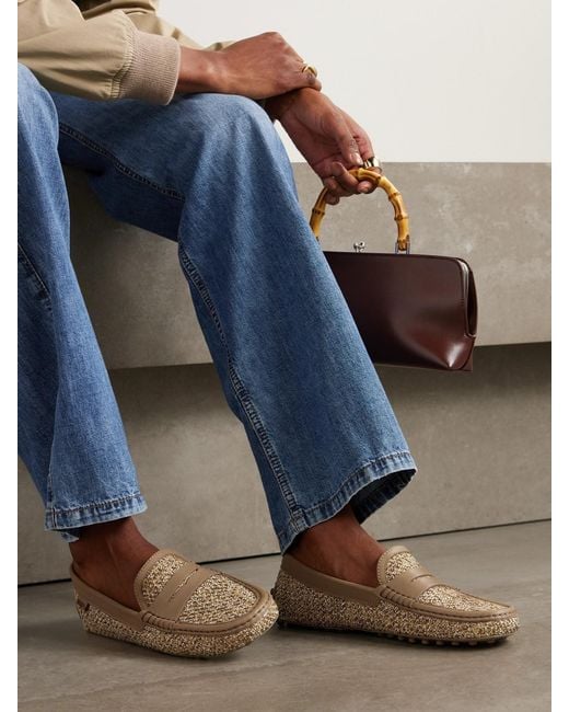 Tod's Natural Leather-Trimmed Raffia Mocassins