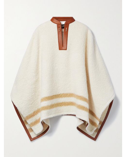 Loro Piana White Leather-Trimmed Striped Alpaca-Blend Bouclé Poncho