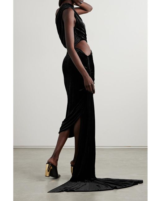 Rick Owens Black Ophelia One-Shoulder Cutout Draped Velvet Mini Dress