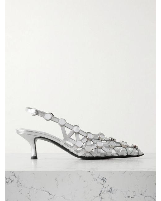 The Attico White Grid Studded Metallic Leather Slingback Pumps