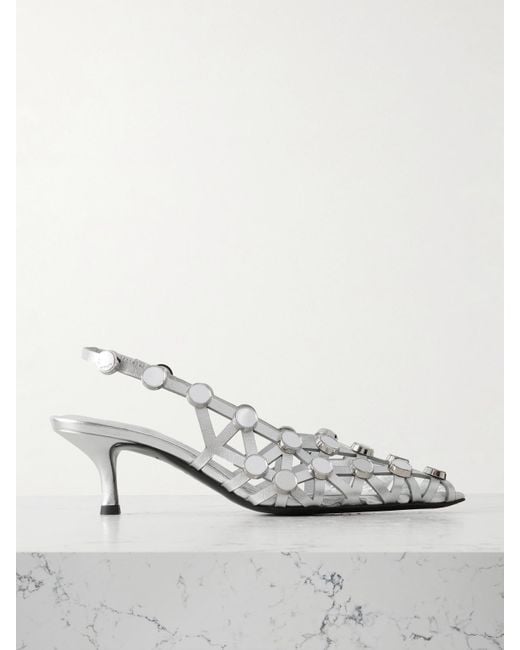 The Attico White Grid Studded Metallic Leather Slingback Pumps