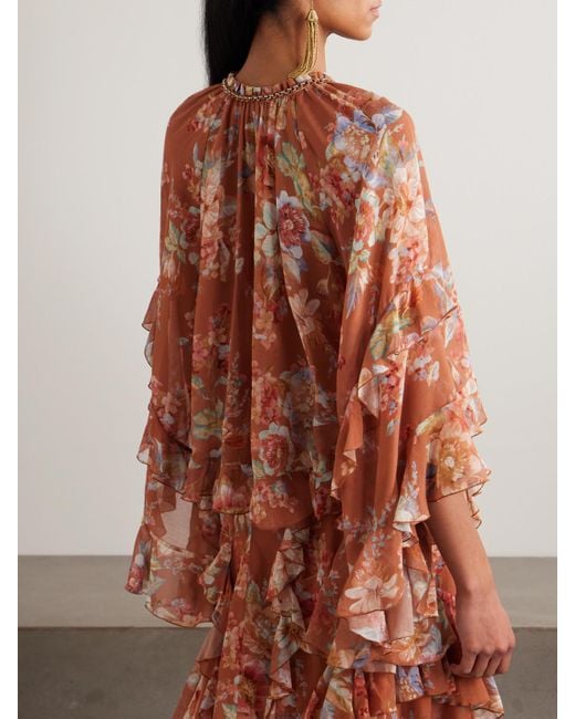 Zimmermann Brown Awaken Ruffled Floral-Print Cotton And Silk-Blend Crepe De Chine Blouse