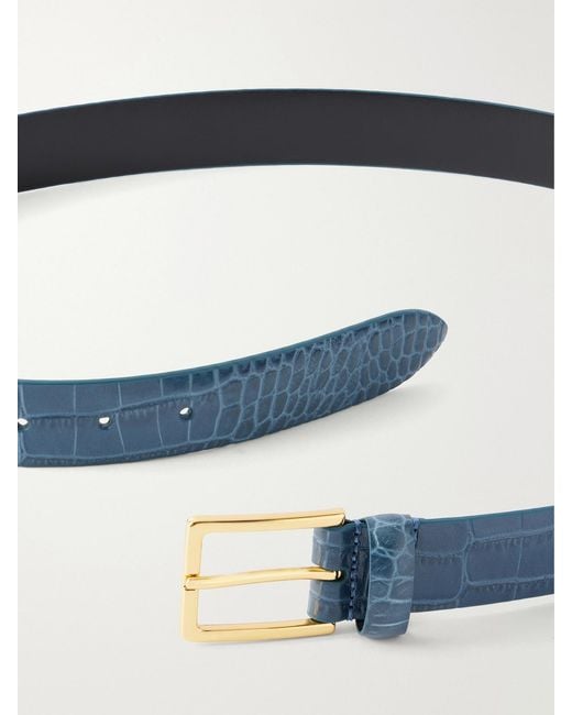 Andersons Blue Narrow Croc-Effect Leather Belt