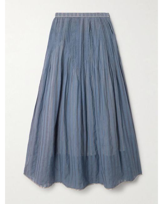 Thierry Colson Blue Delphi Pintucked Striped Cotton And Silk-Blend Maxi Skirt