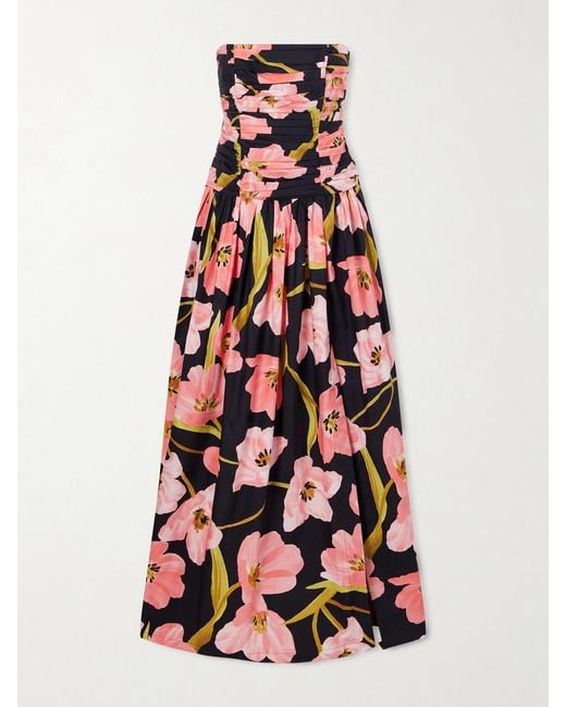 Cara Cara White Montreal Strapless Pleated Floral-Print Cotton-Poplin Maxi Dress