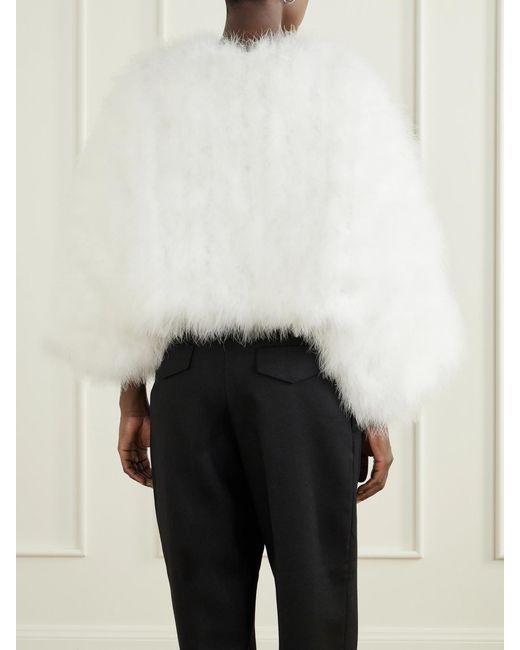 Yves Salomon White Cropped Feather-Trimmed Satin Cape