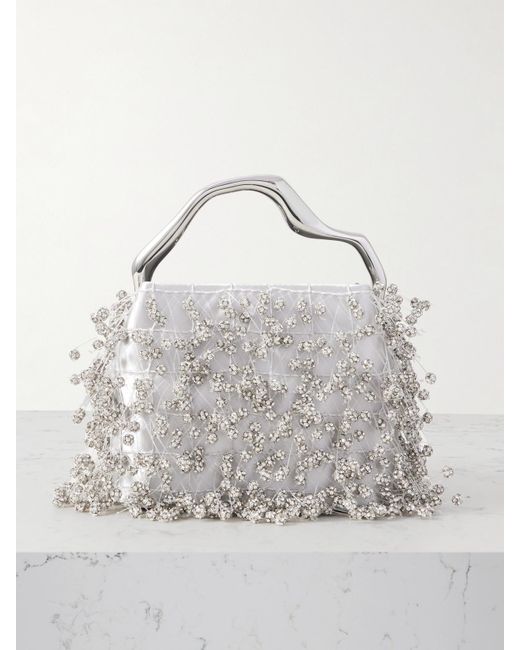 Cult Gaia Gray Solene Mini Crystal-Embellished Satin Tote
