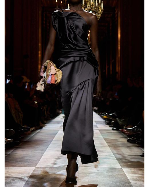 Dries Van Noten Black One-Shoulder Gathered Pleated Satin Midi Dress