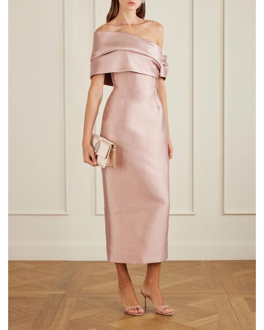 Solace London Pink Mirla Off-The-Shoulder Faille Midi Dress