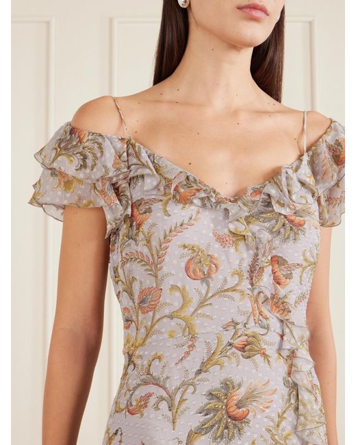 Etro Natural Ruffled Floral-Print Silk-Blend Midi Dress