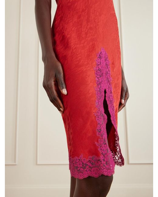 Saint Laurent Red Lace-Trimmed Silk-Satin Midi Dress
