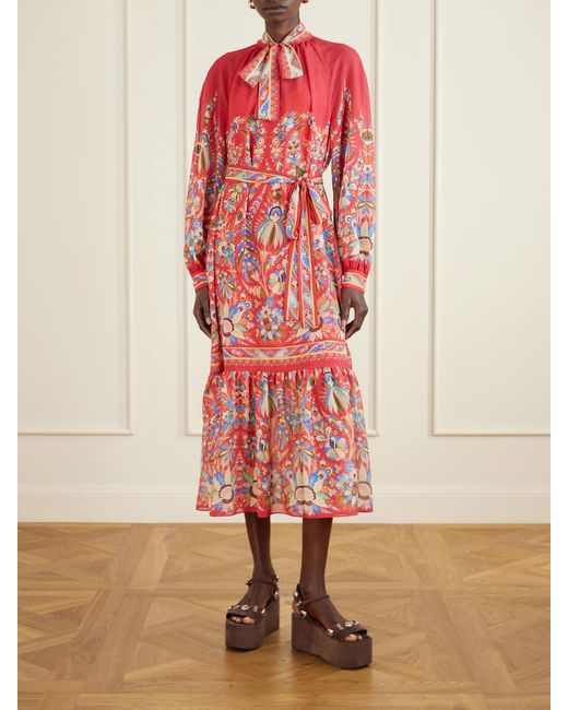 Etro Red Floral-Print Chiffon Midi Dress