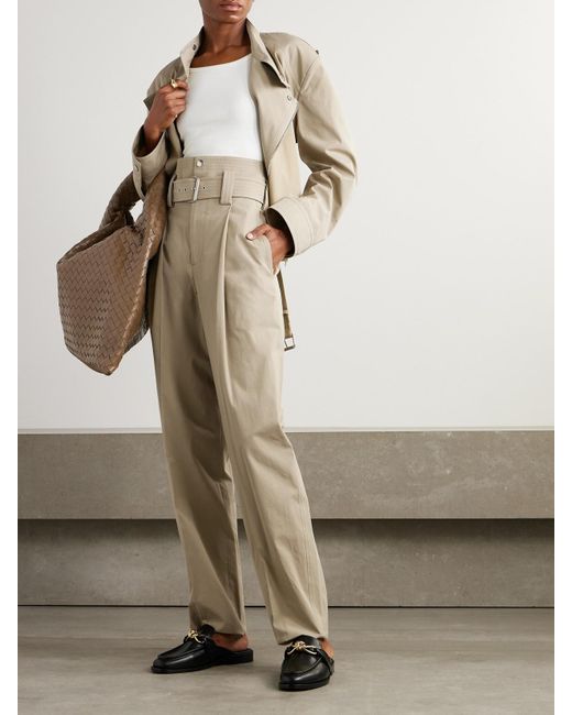 Bottega Veneta Natural Belted Pleated Cotton-Blend Straight-Leg Pants