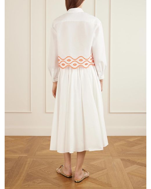 Loretta Caponi White Assia Cropped Broderie Anglaise-Trimmed Cotton-Voile Shirt