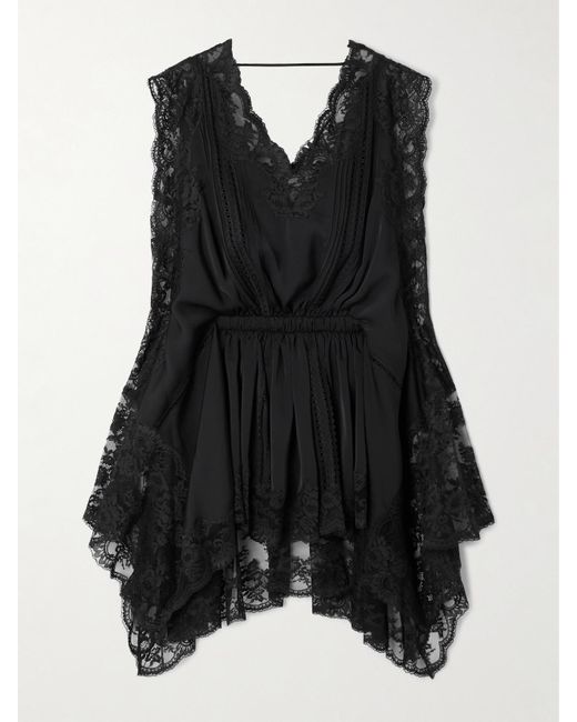 Rabanne Asymmetric Lace-Trimmed Satin Mini Dress in Black | Lyst