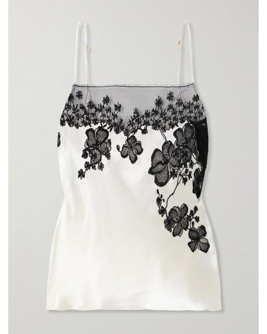 Carine Gilson White Lace-Trimmed Silk-Satin Camisole