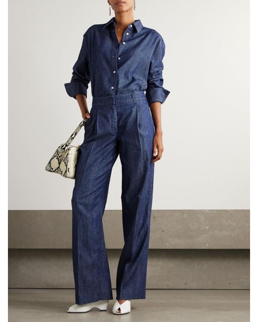 Pantalon Large En Chambray De Coton Biologique À Plis Another Tomorrow en coloris Blue