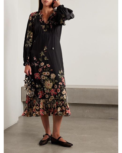 Sea Black Jolie Ruffled Floral-Print Crepe De Chine Midi Dress