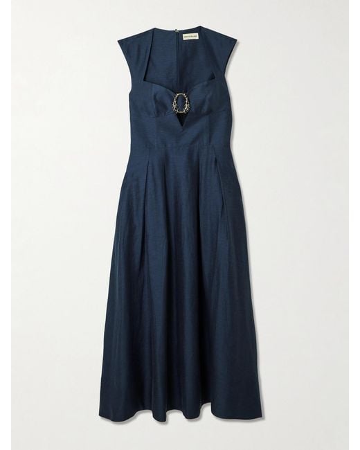 Rebecca Vallance Blue Serenity Embellished Pleated Lyocell-Blend Midi Dress