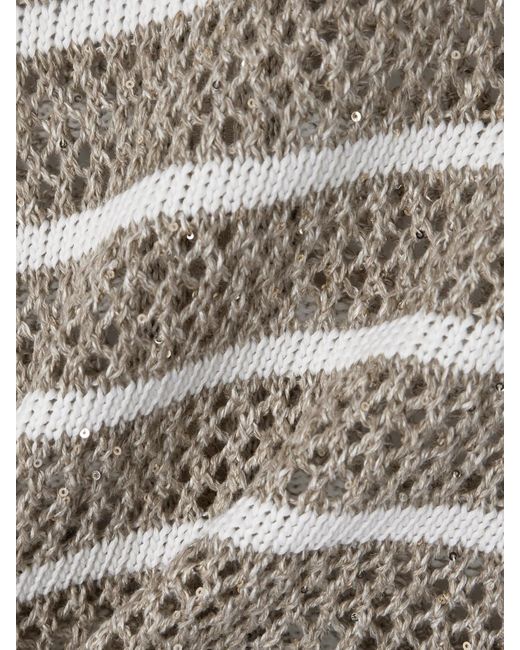 Brunello Cucinelli Gray Sequined Striped Open-Knit Linen-Blend Cardigan