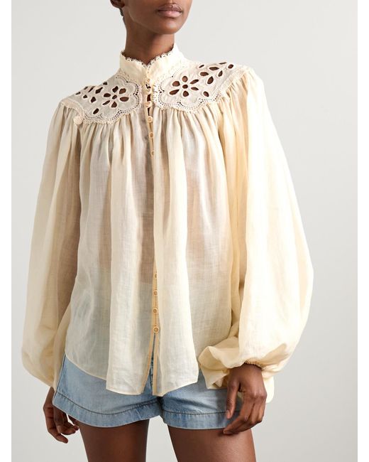 Zimmermann Natural Coco Broderie Anglaise-Trimmed Ramie Blouse