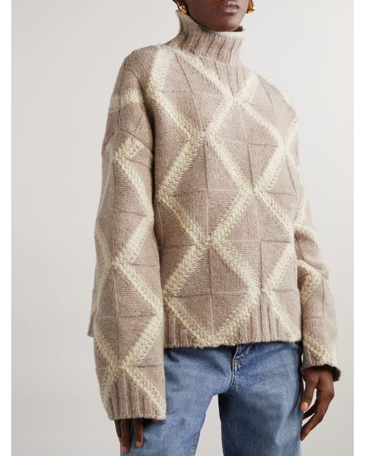 Bottega Veneta Natural Argyle Intarsia-Knit Wool Turtleneck Sweater