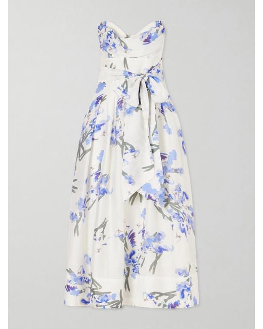 Rebecca Vallance White Bluebell Belted Draped Floral-Print Organza Midi Dress