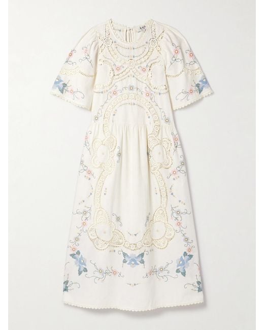 Sea Natural Vesna Broderie Anglaise-Trimmed Embroidered Cotton And Linen-Blend Midi Dress