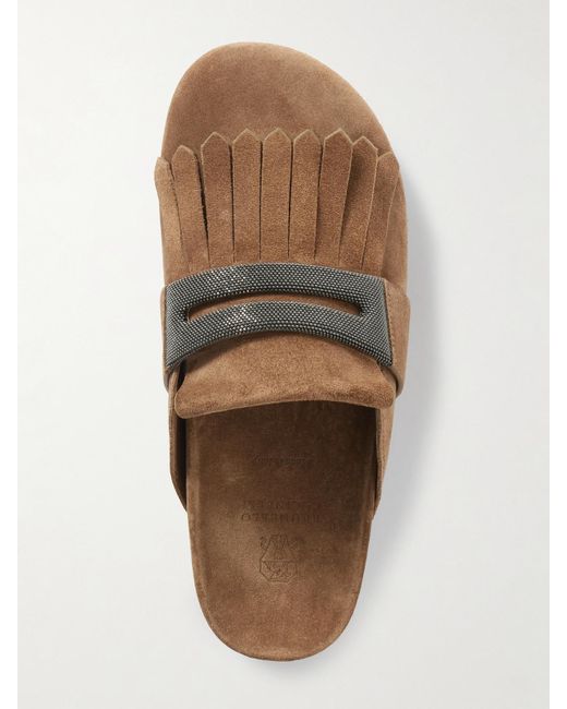Brunello Cucinelli Brown Fussbett Bead-Embellished Fringed Suede Slippers