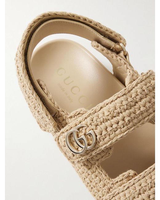 Gucci Natural New Marmont Plateausandalen Aus Gehäkelter Baumwolle Mit Lederbesätzen Und Verzierung
