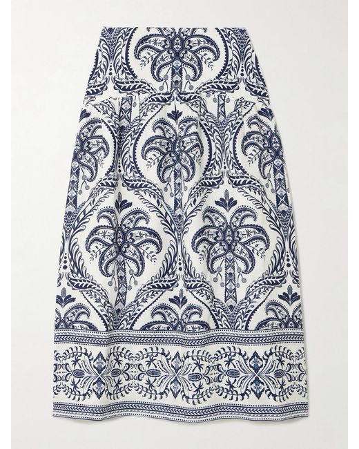Farm Rio Blue Tripical Cameo Shirred Printed Linen Midi Skirt