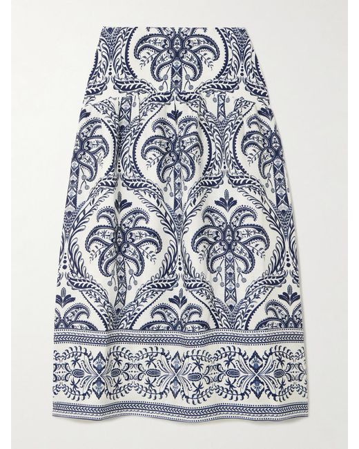 Farm Rio Blue Tripical Cameo Shirred Printed Linen Midi Skirt