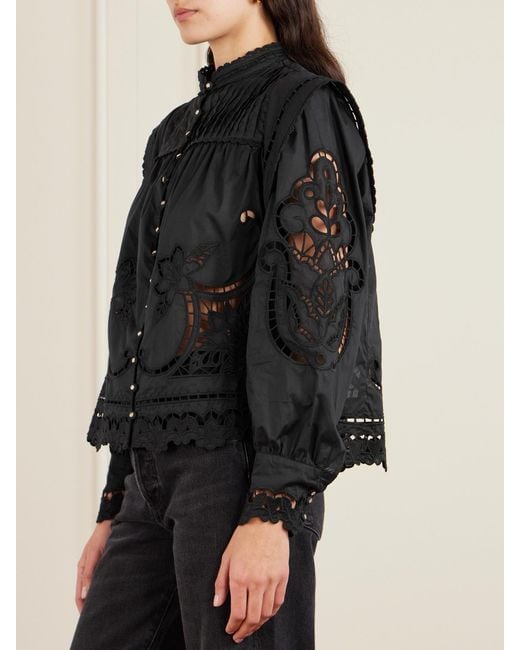 Farm Rio Black Richilieu Pleated Broderie Anglaise Cotton Blouse
