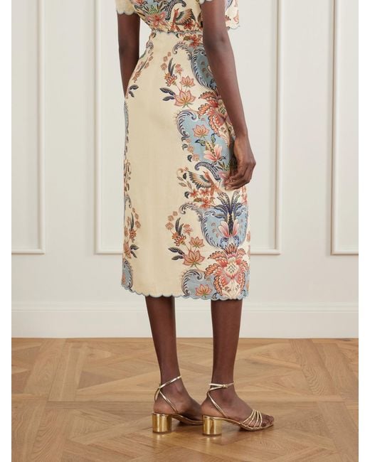 Farm Rio Natural Scalloped Printed Linen Wrap Midi Skirt