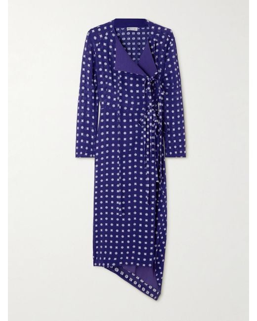 Tory Burch Blue Floral-Jacquard Chiffon Wrap Midi Dress