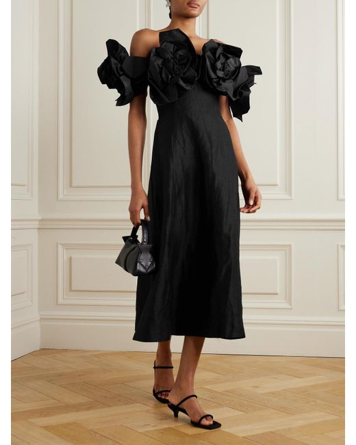 Robe Midi Épaules Nues En Lin Mélangé À Appliqués Etta Aje. en coloris Black