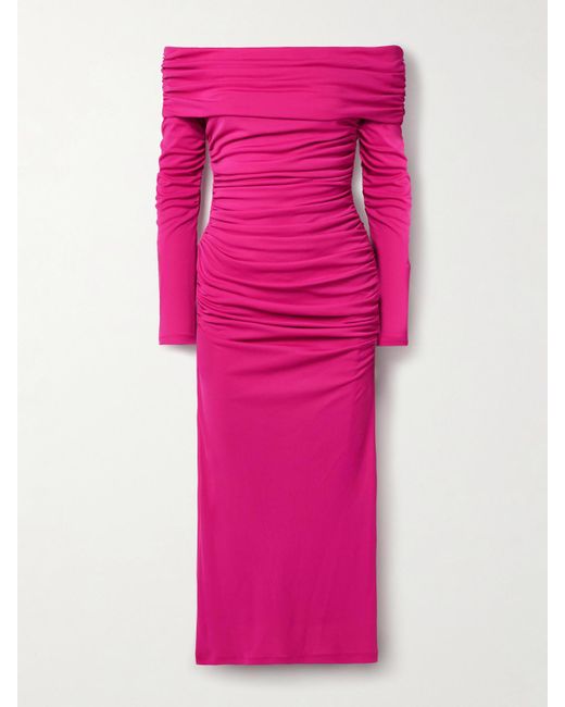 Carolina Herrera Pink Off-The-Shoulder Ruched Stretch-Jersey Midi Dress