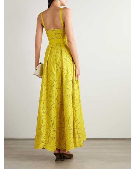 Elie Saab Yellow Belted Pleated Embroidered Cotton-Blend Twill Gown