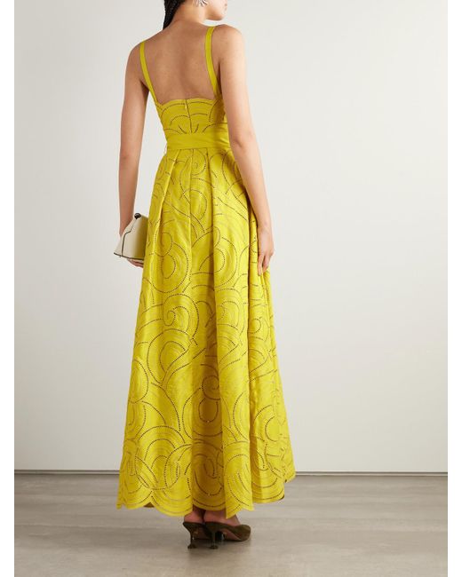 Elie Saab Yellow Belted Pleated Embroidered Cotton-Blend Twill Gown
