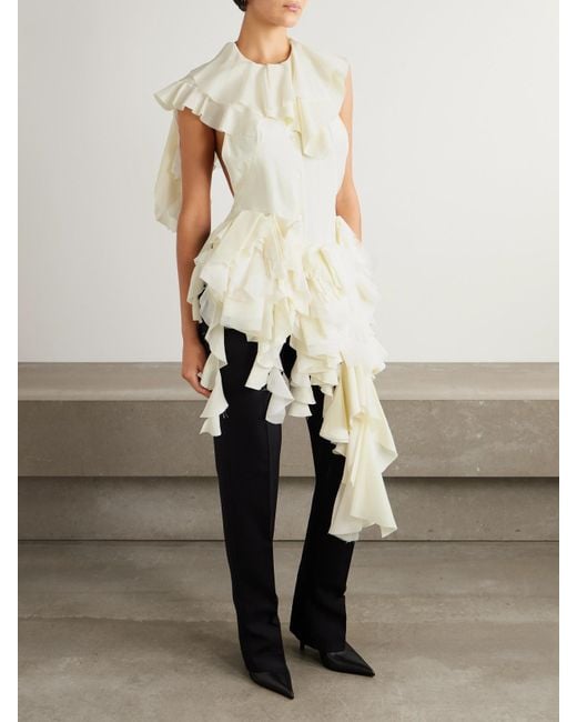 Alexander McQueen White Asymmetric Open-Back Ruffled Silk-Chiffon Blouse