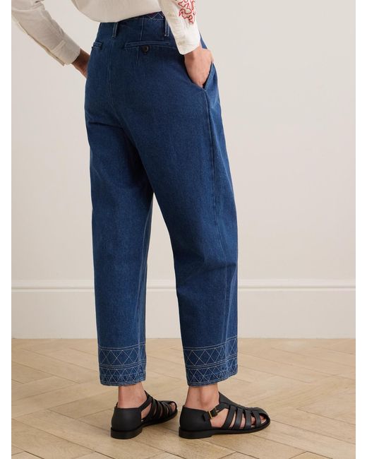 Bode Blue Murray High-Rise Pleated Embroidered Wide-Leg Jeans