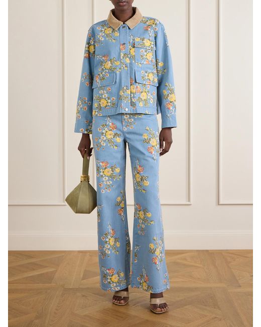 Veronica Beard Blue Leighton Corduroy-Trimmed Floral-Print Denim Jacket