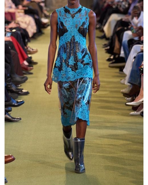 Rabanne Blue Lace-Trimmed Chainmail Midi Skirt