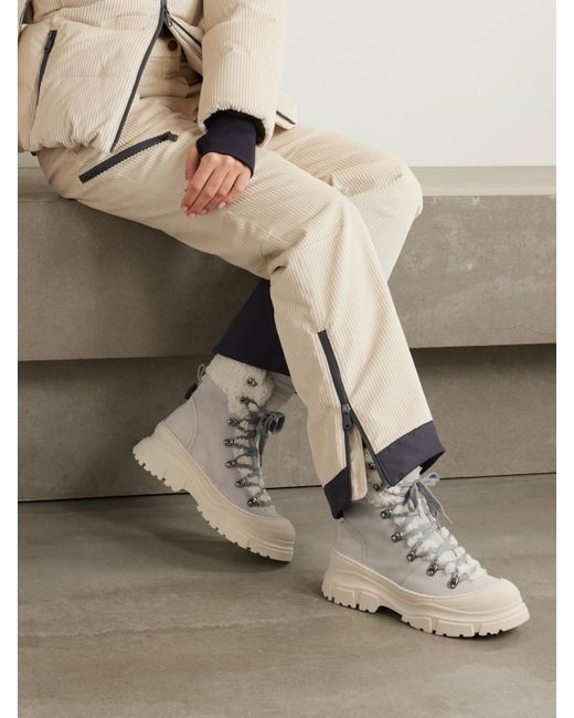 Brunello Cucinelli Natural Bead-Embellished Shearling-Lined Suede Ankle Boots